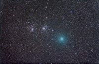 Comet Hartley 2 as it approaches the Double Cluster in Perseus Fine Art Print