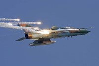 Romanian Air Force MiG-21 MF LanceR popping flares Fine Art Print
