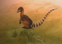 A Sinosauropteryx dinosaur resting on a log Fine Art Print