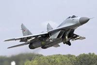 Serbian Air Force MiG-29 departing with two AA-8 Aphid missiles Fine Art Print