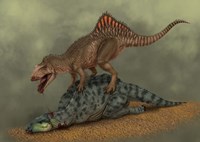 A Concavenator kills a young iguanodon dinosaur Fine Art Print