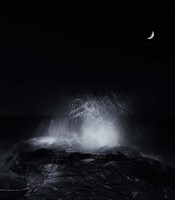 The crescent moon and waves splashing over rocks in Miramar, Argentina Fine Art Print
