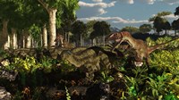 Utahraptors hunting the early iguanodonts, Tenontosaurus Fine Art Print