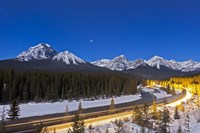 A moonlit nightscape over the Bow River and Morant's Curve in Banff National Park, Canada Fine Art Print