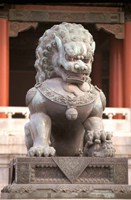 China, Beijing, Forbidden City. Bronze lion statue Fine Art Print