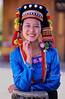 China, Yunnan, Young De'ang Woman portrait with Drum Fine Art Print