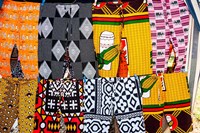 Africa, Angola, Benguela. Bright colored pants for sale at local shop. Fine Art Print