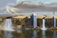 A vacation spot is threatened by an erupting volcano Fine Art Print