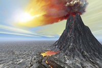 A volcano bursts forth with hot lava and billowing smoke Fine Art Print