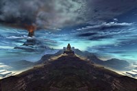 A volcano erupts near an ancient Mayan temple Fine Art Print