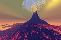 A volcano erupts with smoke, fire and lava Fine Art Print