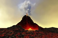 An active volcano spews out hot red lava and smoke Fine Art Print