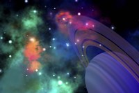 Colorful nebula near a ringed planet Fine Art Print