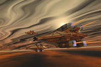 Spacecraft fly among spacial eddies in deep space Fine Art Print