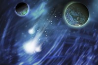 Three comets blaze a trail near a planet and its moon Fine Art Print