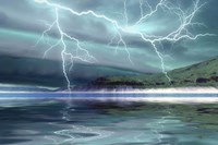 Thunderclouds and lightning move over the mountains and a nearby lake Fine Art Print