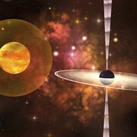 A huge sun encircled by an energy field orbits near a black hole in space Fine Art Print