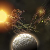 A huge sun radiates solar flares toward a nearby planet Fine Art Print