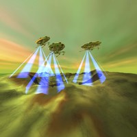 Three alien spaceships steal the mineral resources on another planet Fine Art Print