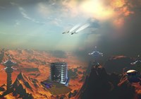 Two aircraft fly over an enemy base of operations Fine Art Print