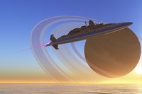 A spaceship blasts itself into orbit after exploring one of Saturn's moons called Titan Fine Art Print
