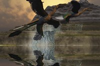 Two Microraptor dinosaurs fly near mountain waterfalls in prehistoric times Fine Art Print