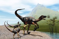 Velociraptor offspring beg mother dinosaur for food near a pond Fine Art Print