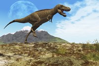 A Tyrannosaurus Rex dinosaur walks through his territory Fine Art Print