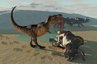 Tyrannosaurus Rex eats the flesh of a dead Triceratops Fine Art Print