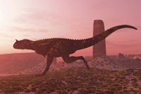 Carnotaurus running in the early morning light on desert terrain Fine Art Print