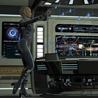 A young woman operating a holographic control center Fine Art Print