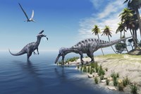 Suchomimus dinosaurs feed on fish on the shoreline Fine Art Print