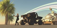 A female soldier draws her gun on a distant planet Fine Art Print