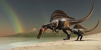 A mother Spinosaurus brings her offspring to a lake for a drink of water Fine Art Print