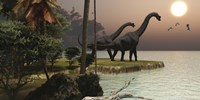 Two Brachiosaurus dinosaurs enjoy a beautiful sunset Fine Art Print