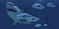 A school of fish encounter a monstrous Megalodon shark Fine Art Print
