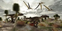 Two Utahraptors hunt for prey as pterosaurs fly above Fine Art Print