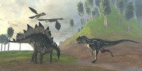 An Allosaurus attacks an unaware Stegosaurus dinosaur Fine Art Print