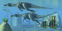 Two Suchomimus dinosaurs search for big fish prey underwater Fine Art Print
