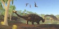Ankylosaurus dinosaurs drink from a swamp along with an Argentinosaurus Fine Art Print