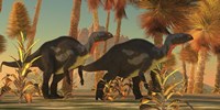 Camptosaurus dinosaurs wander through a prehistoric jungle Fine Art Print