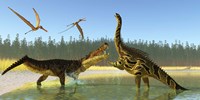 A Kaprosuchus reptile confronts an Agustinia dinosaur Fine Art Print