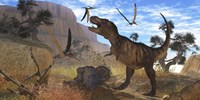 Tyrannosaurus Rex attempts to eat his Triceratops kill while Pteranodons harass him Fine Art Print
