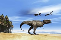 Pterodactyls fly over a beastly Tyrannosaurus Rex Fine Art Print