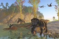 Zuniceratops dinosaurs drinking water from a river Fine Art Print