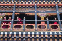 Monks in the Kichu Lhakhang Dzong, Paro, Bhutan Fine Art Print