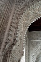 Wall tiles and carvings on Islamic law courts, Morocco Fine Art Print