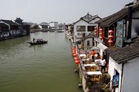 View of river village with boats, Zhujiajiao, Shanghai, China Fine Art Print