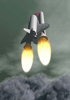 Space shuttle taking off amongst grey smoke and clouds Fine Art Print