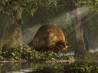 A large Glyptodon stands near the edge of a stream Fine Art Print